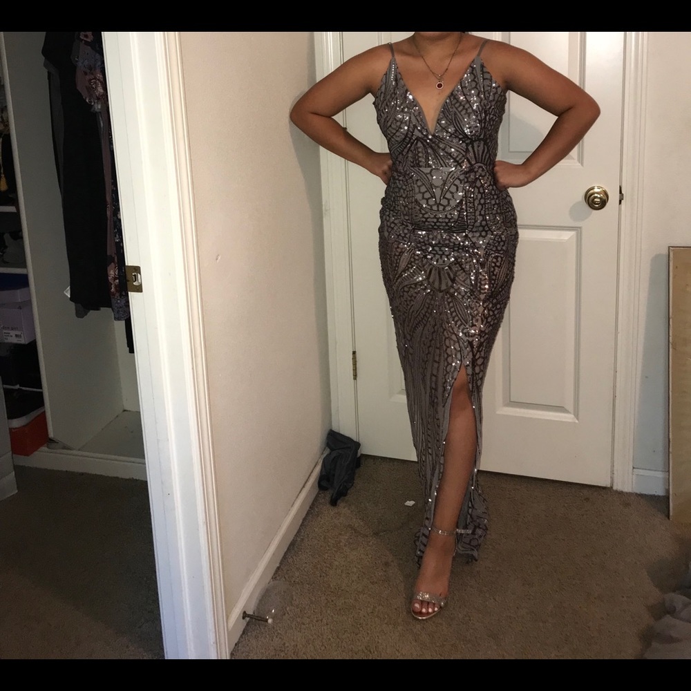 BRAND NEW SILVER  sequence dress w/ slit.